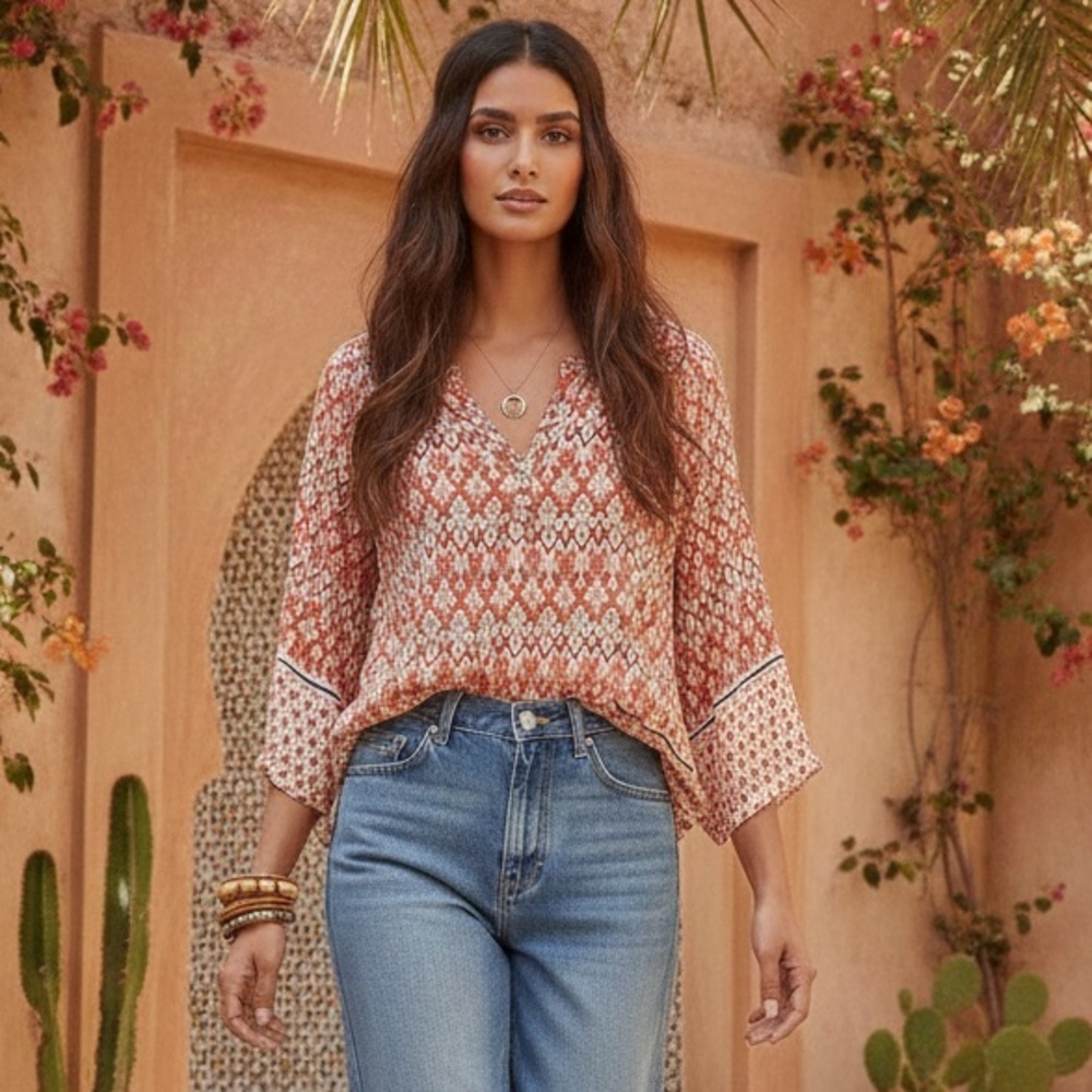 beachlunchlounge Rust and Cream Printed V-Neck Boho Blouse